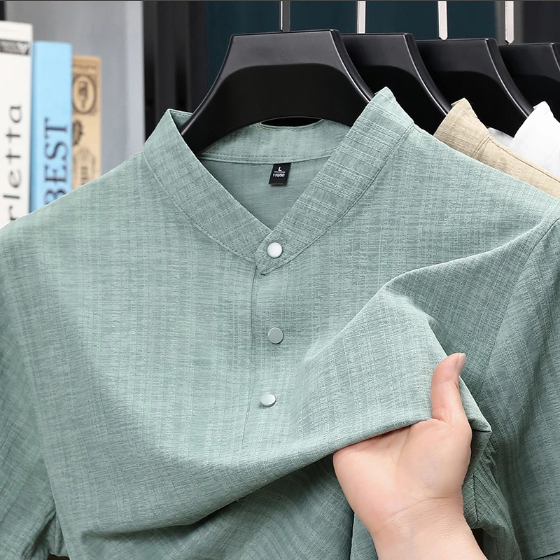 Textiles For Home - قميص رجالي صيفي بياقة واقفة وأزرار